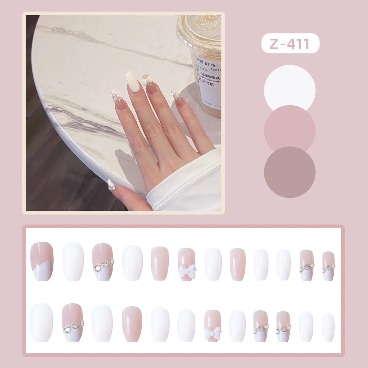 Press-On Nail Set Floral Accents Glue-On Multiple Sizes