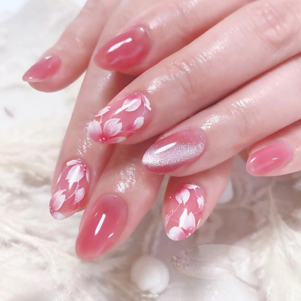 Press-On Nail Set Floral Accents Mint Easy Apply