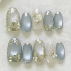 Press-On Nail Set Floral Accents Misty Blue
