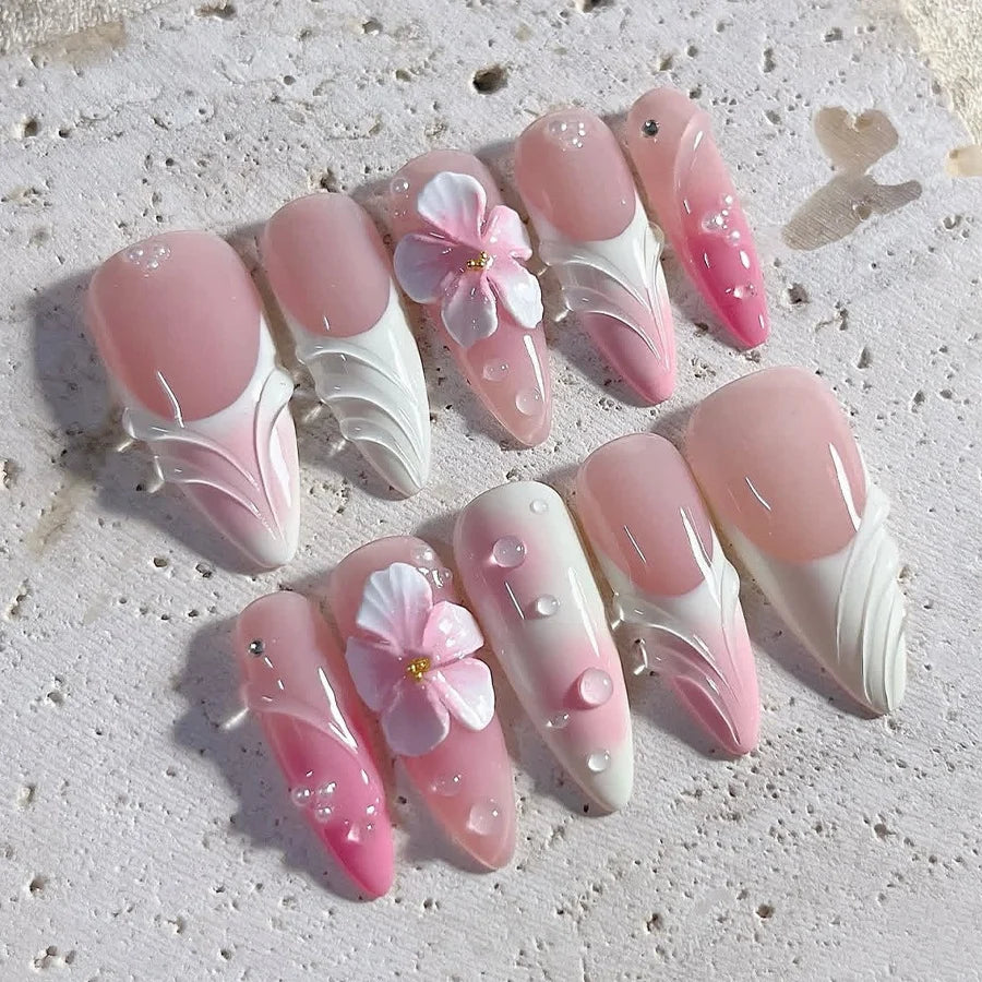 Press-On Nail Set Floral Accents No Glue Long-Lasting