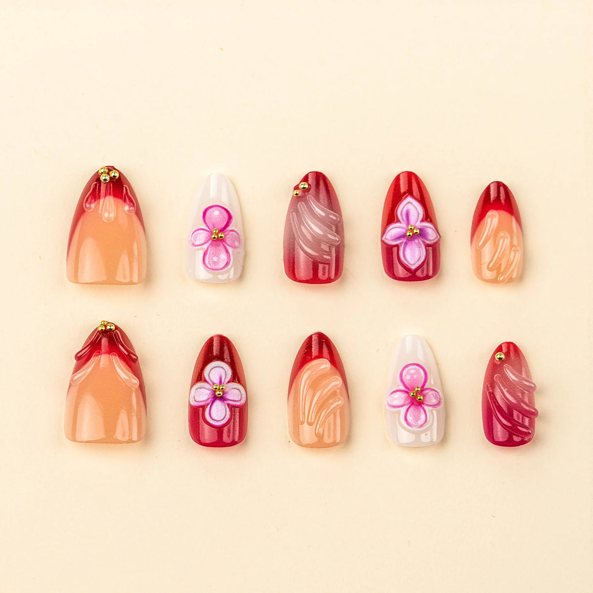 Press-On Nail Set Floral Acrylic Easy Application & Removable