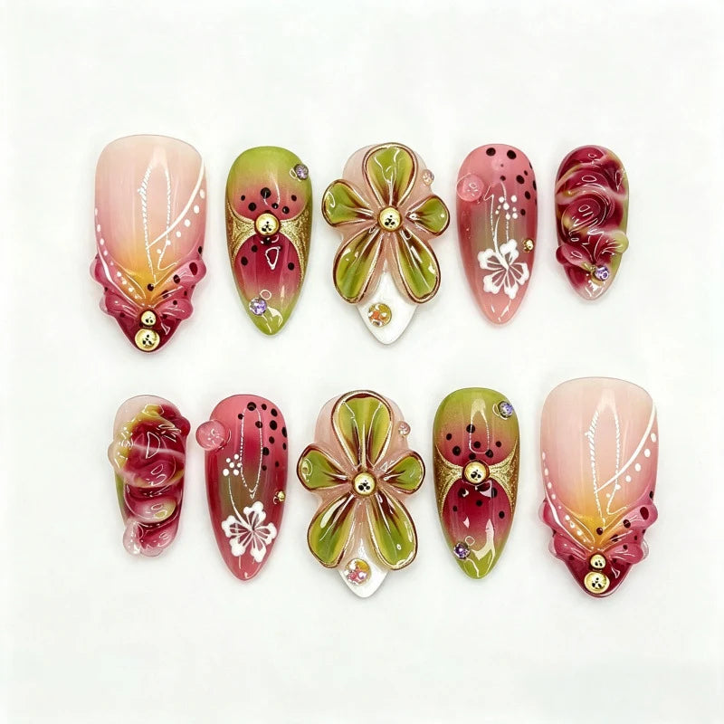 Press-On Nail Set Floral Acrylic Glue-Free & Reusable