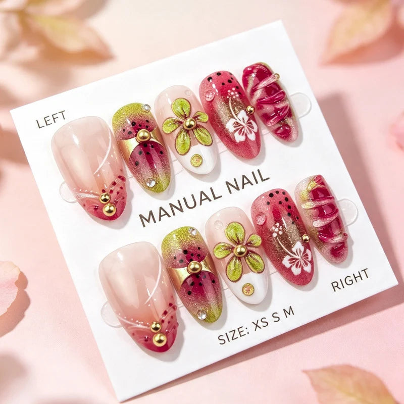 Press-On Nail Set Floral Acrylic Glue-Free & Reusable