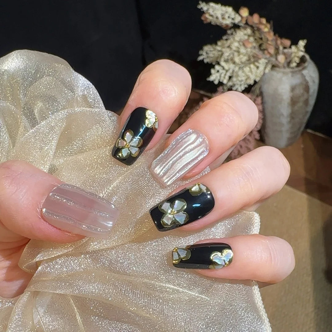 Press-On Nail Set Floral Adhesive & Reusable