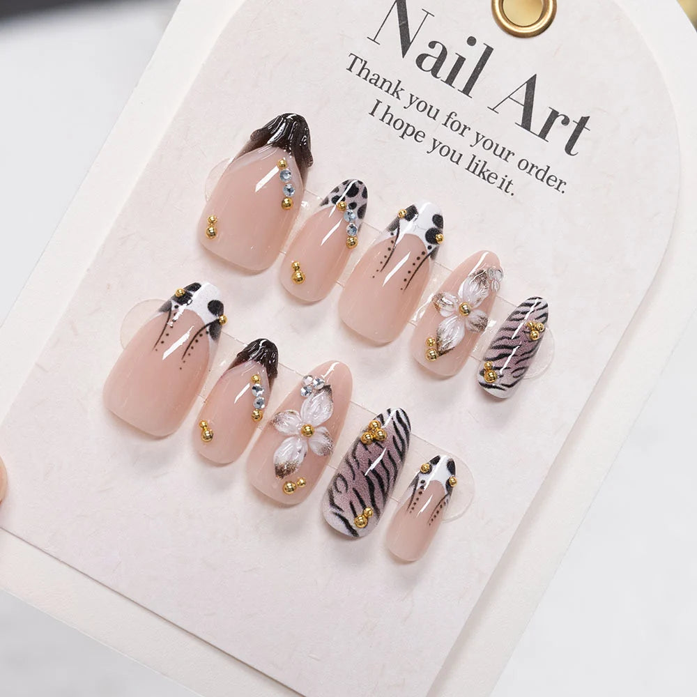 Press-On Nail Set Floral & Animal Print Salon-Quality