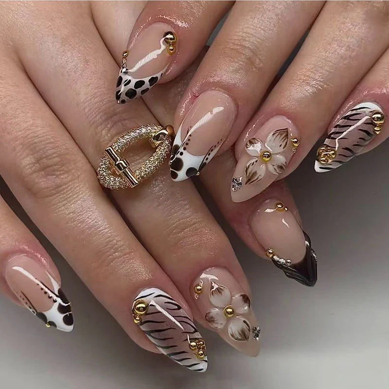 Press-On Nail Set Floral & Animal Print Salon-Quality