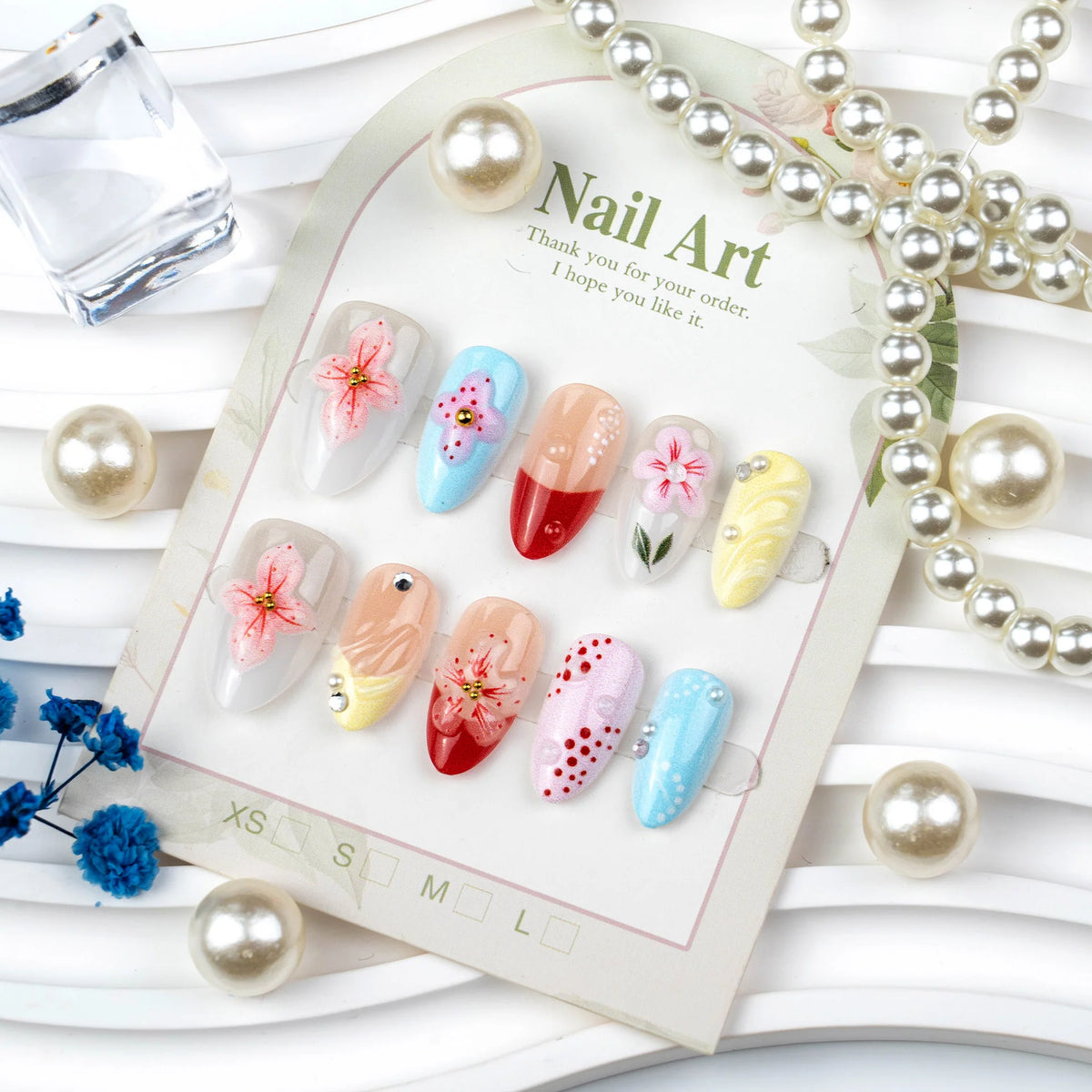 Press-On Nail Set Floral Art Adhesive Tabs & Guide