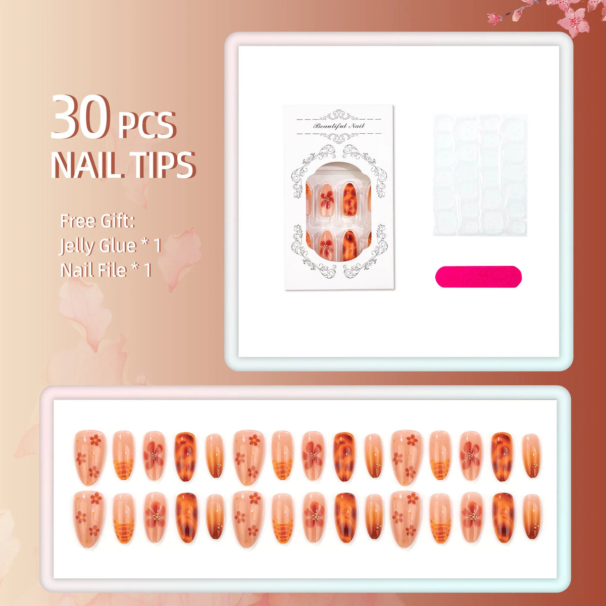 Press-On Nail Set Floral Art Easy Application Assorted Sizes