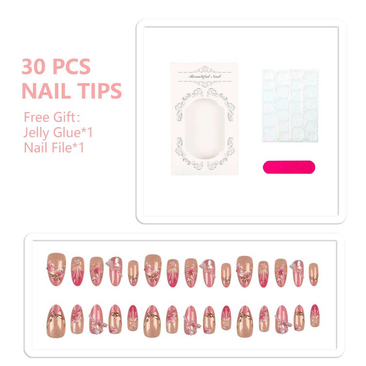 Press-On Nail Set Floral Art Easy Application & Reusable