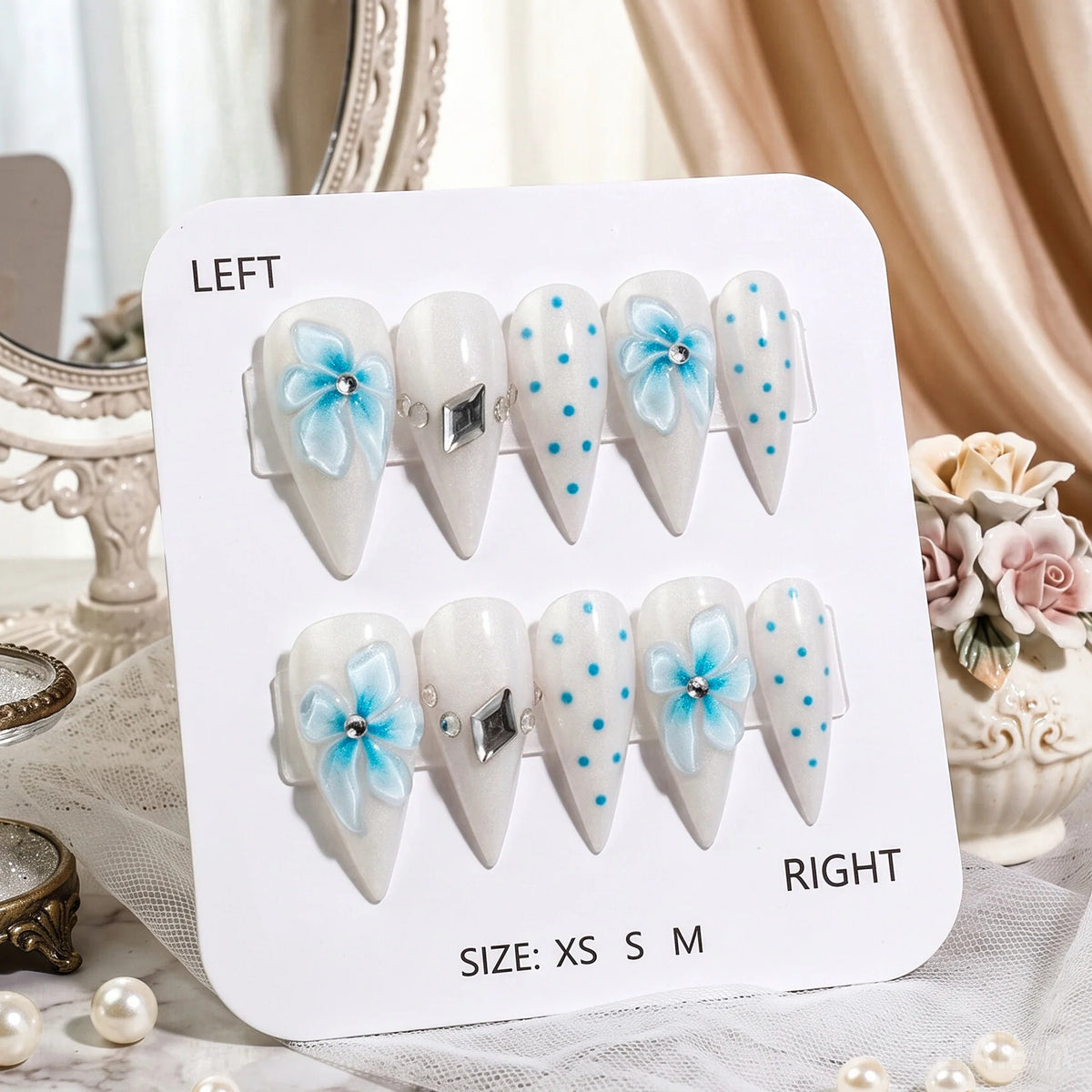 Press-On Nail Set Floral Art & Gemstone Accents