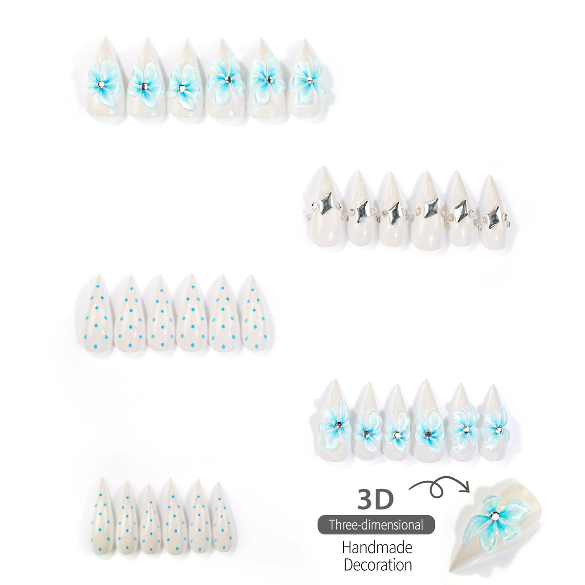 Press-On Nail Set Floral Art & Gemstone Accents