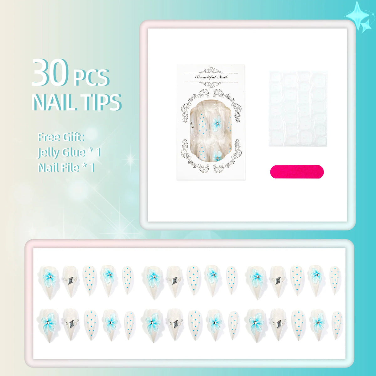 Press-On Nail Set Floral Art & Gemstone Accents
