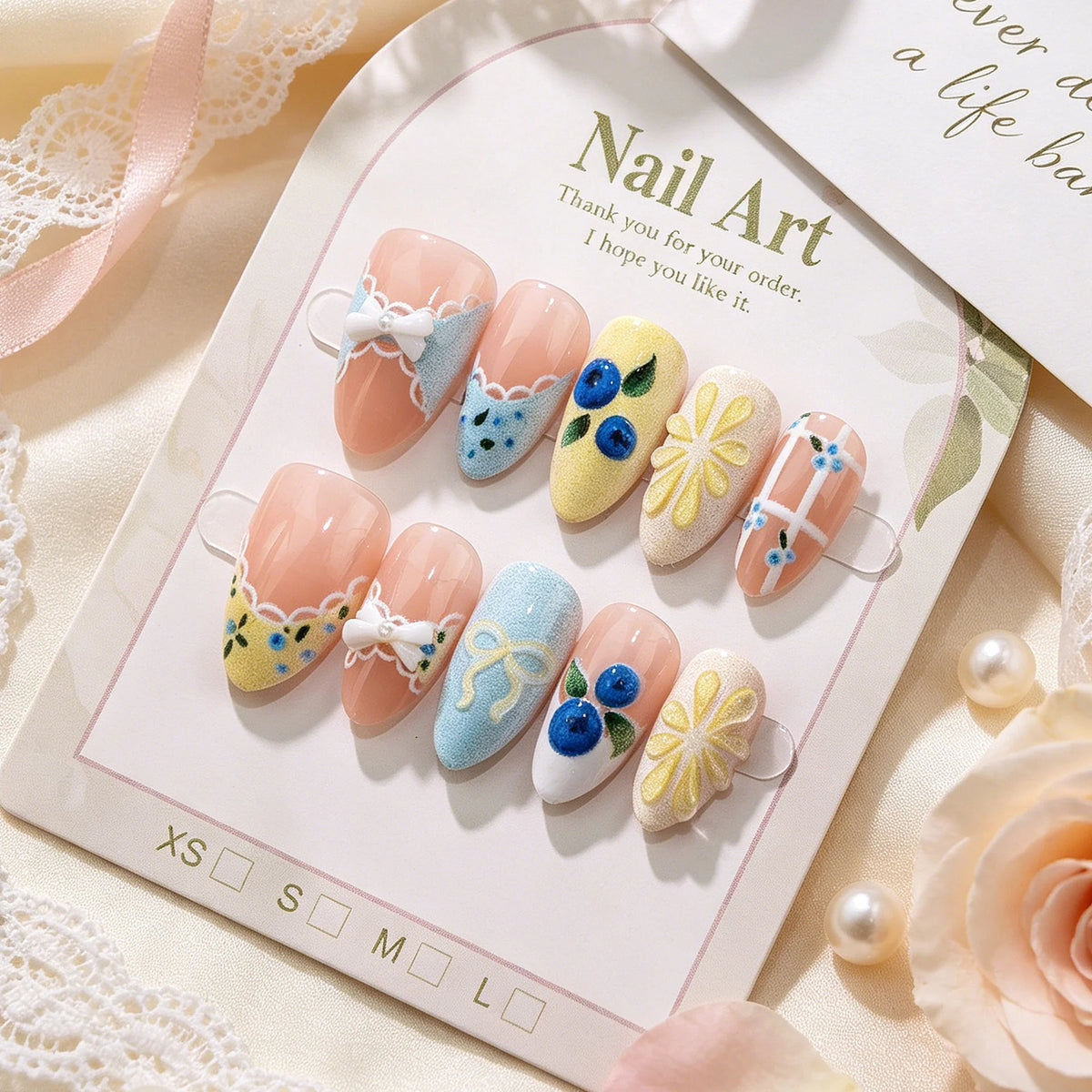 Press-On Nail Set Floral Art Quick Application Multiple Sizes