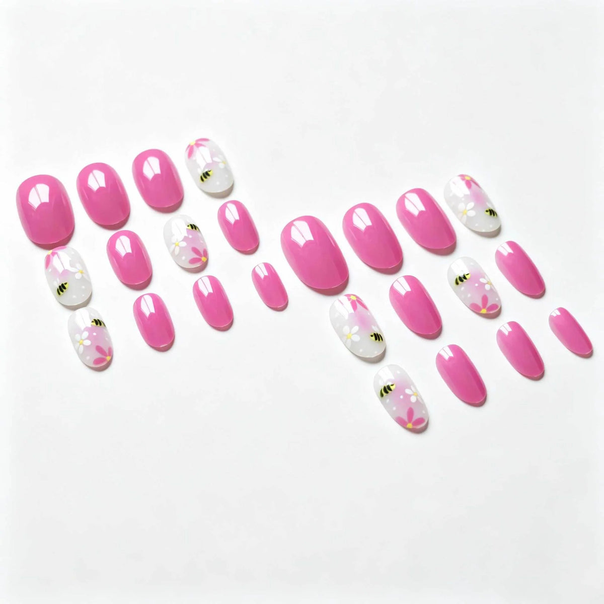 Press-On Nail Set Floral & Bee Design Long-Lasting Shine