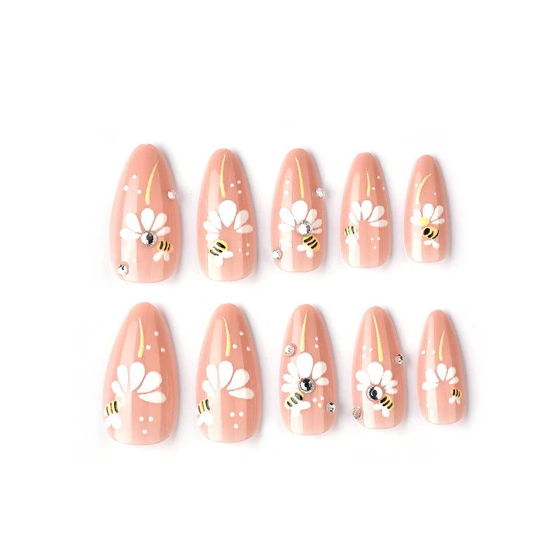 Press-On Nail Set Floral & Bee Design Reusable