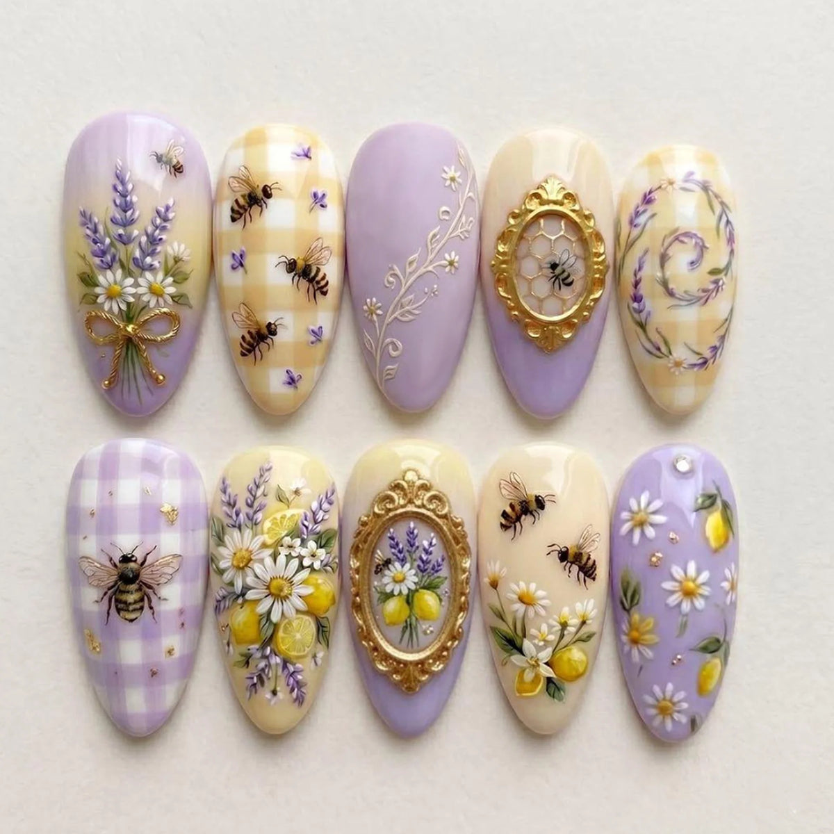 Press-On Nail Set Floral & Bee Design Self-Adhesive Non-Toxic