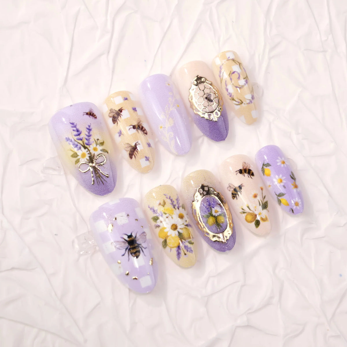 Press-On Nail Set Floral & Bee Design Self-Adhesive Non-Toxic