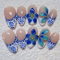 Press-On Nail Set Floral Blue & White Adhesive Backing