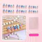 Press-On Nail Set Floral Blue & White Adhesive Backing