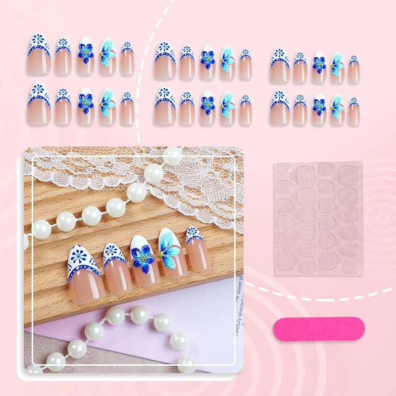Press-On Nail Set Floral Blue & White Adhesive Backing