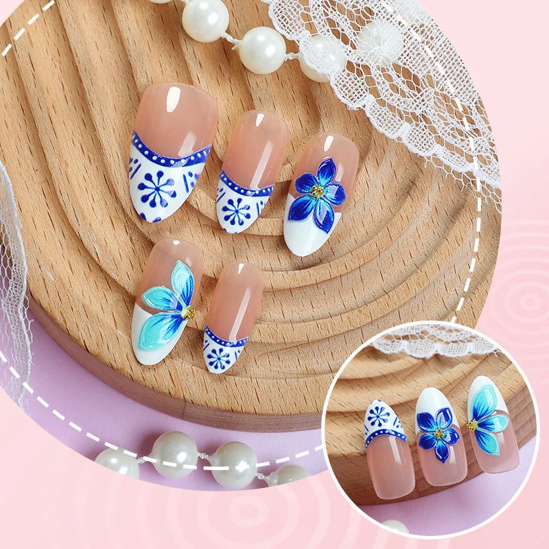 Press-On Nail Set Floral Blue & White Adhesive Backing
