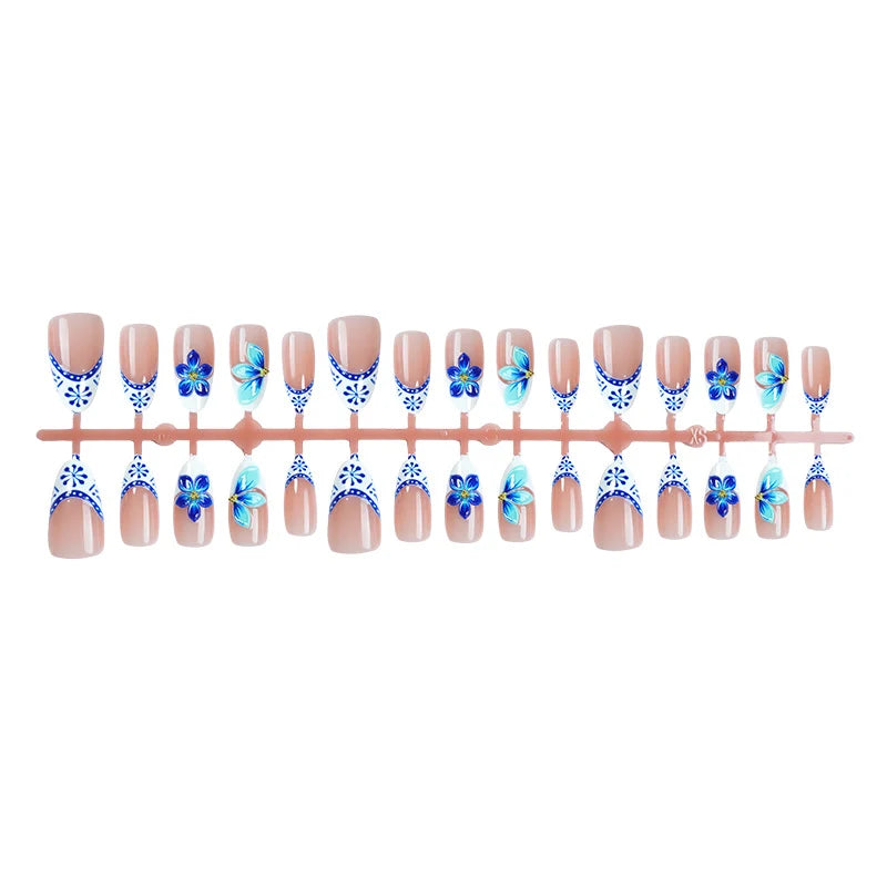 Press-On Nail Set Floral Blue & White Adhesive Backing