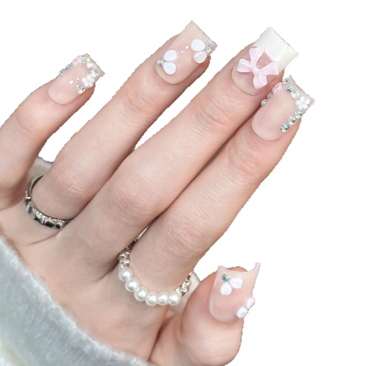 Press-On Nail Set Floral & Bow Accents Easy Application