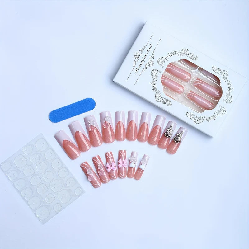 Press-On Nail Set Floral & Bow Accents Long-Lasting Wear