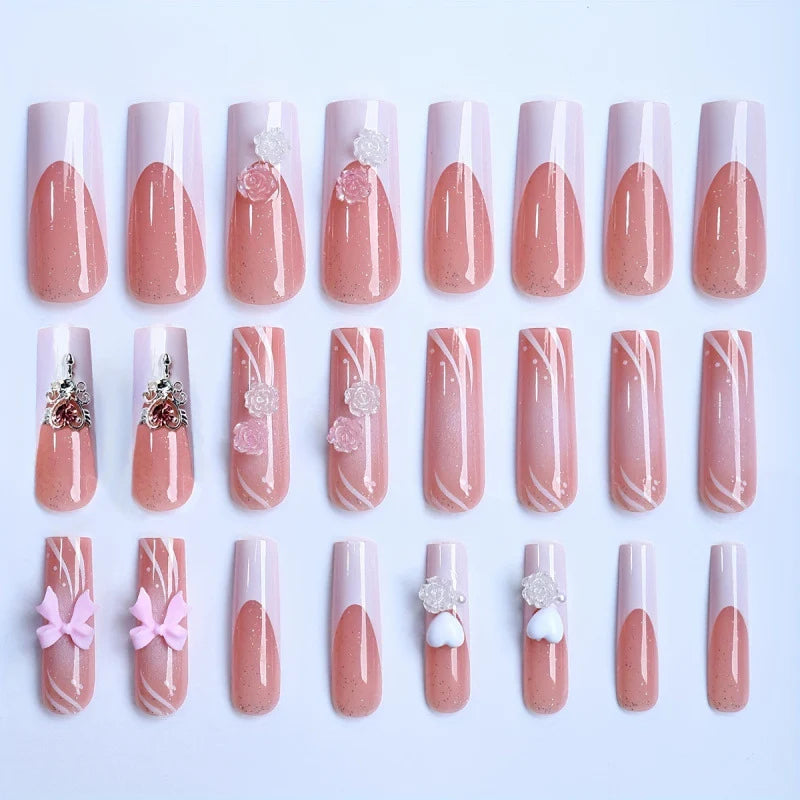 Press-On Nail Set Floral & Bow Accents Long-Lasting Wear