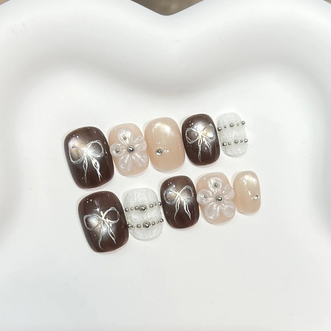 Press-On Nail Set Floral Bow Accents Multiple Sizes