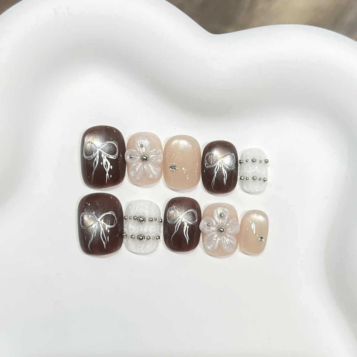 Press-On Nail Set Floral Bow Accents Multiple Sizes