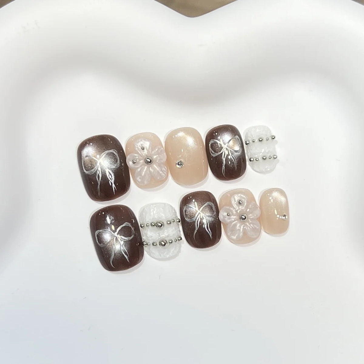Press-On Nail Set Floral Bow Accents Multiple Sizes
