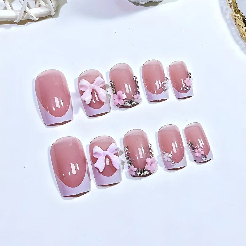 Press-On Nail Set Floral & Bow Accents Natural-Look