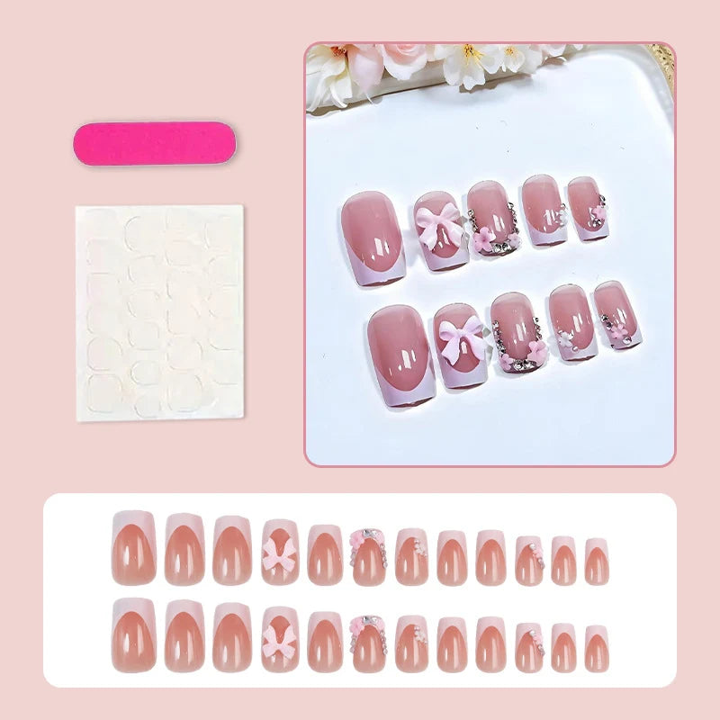 Press-On Nail Set Floral & Bow Accents Natural-Look