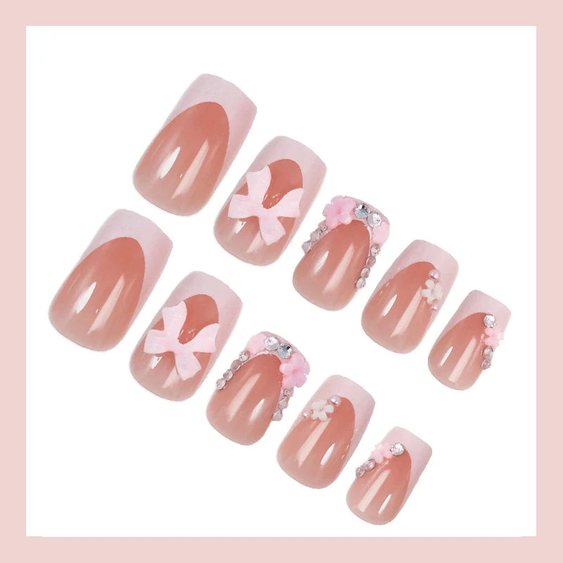 Press-On Nail Set Floral & Bow Accents Natural-Look