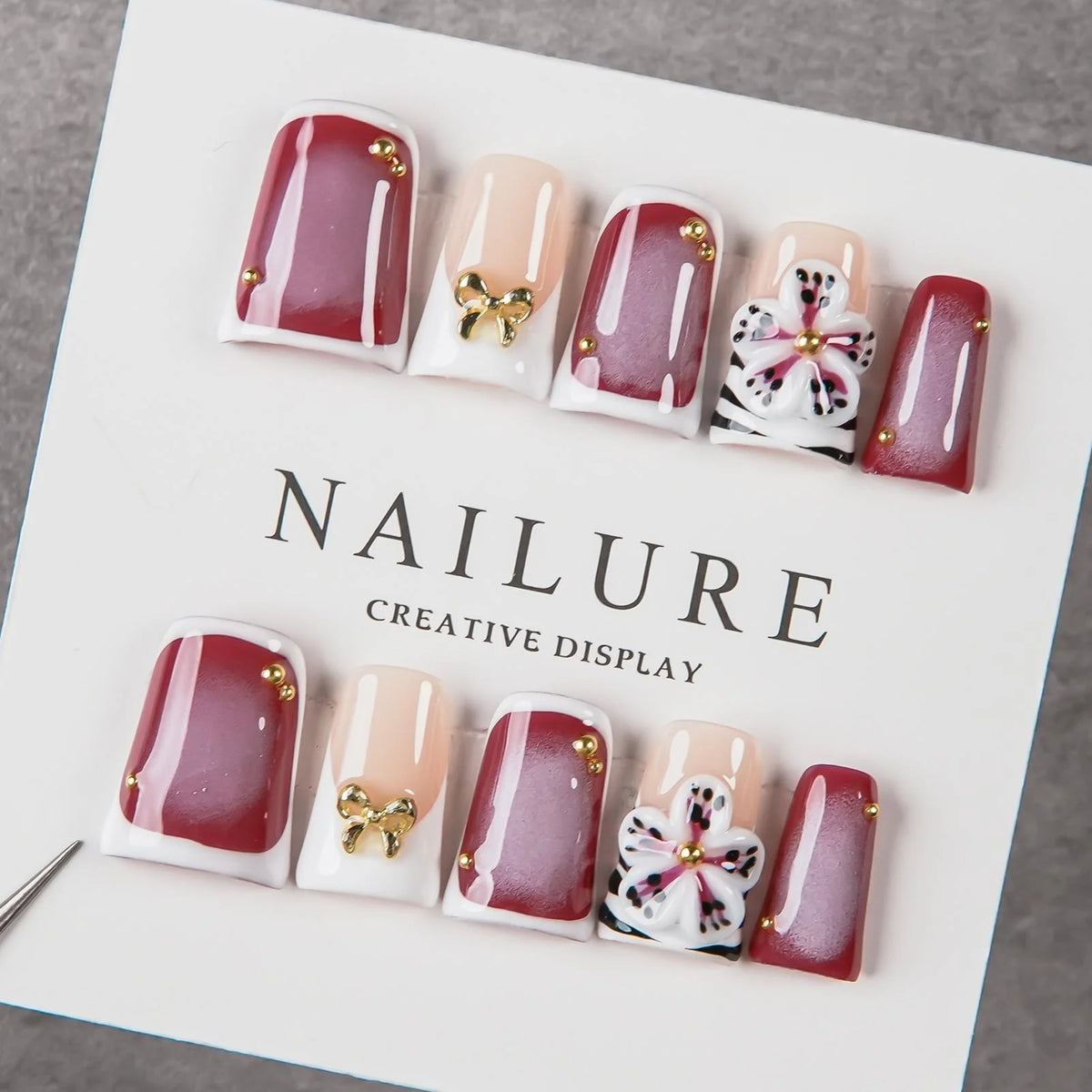 Press-On Nail Set Floral & Bow Accents Reusable Multiple Sizes