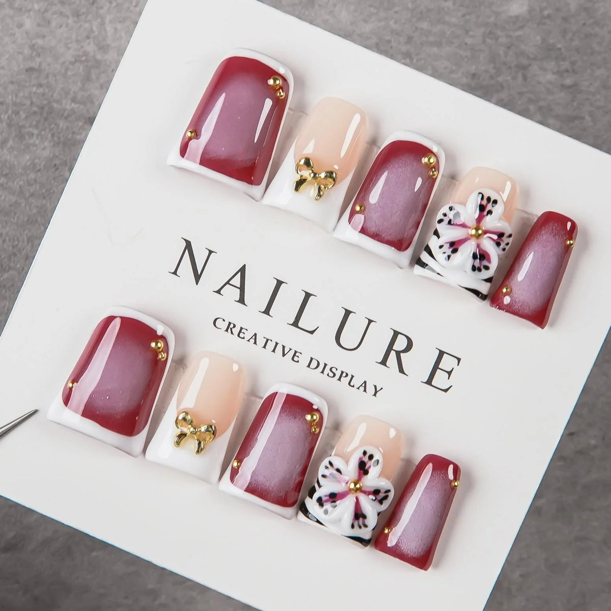 Press-On Nail Set Floral & Bow Accents Reusable Multiple Sizes