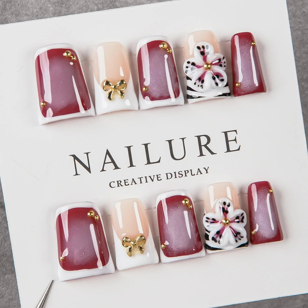 Press-On Nail Set Floral & Bow Accents Reusable Multiple Sizes