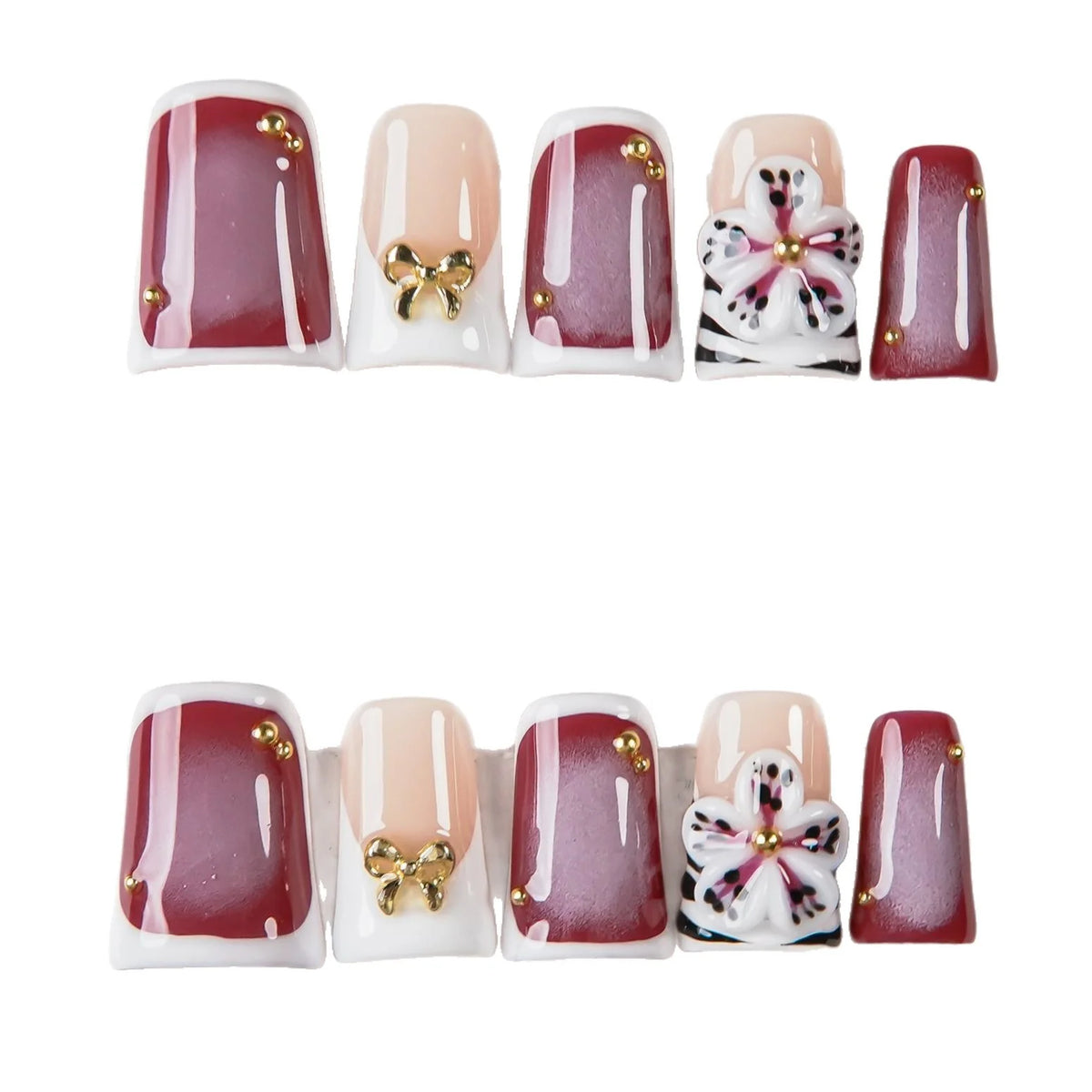 Press-On Nail Set Floral & Bow Accents Reusable Multiple Sizes