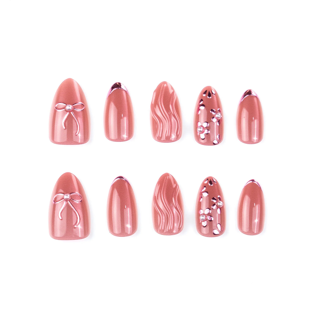 Press-On Nail Set Floral & Bow Design Easy Application