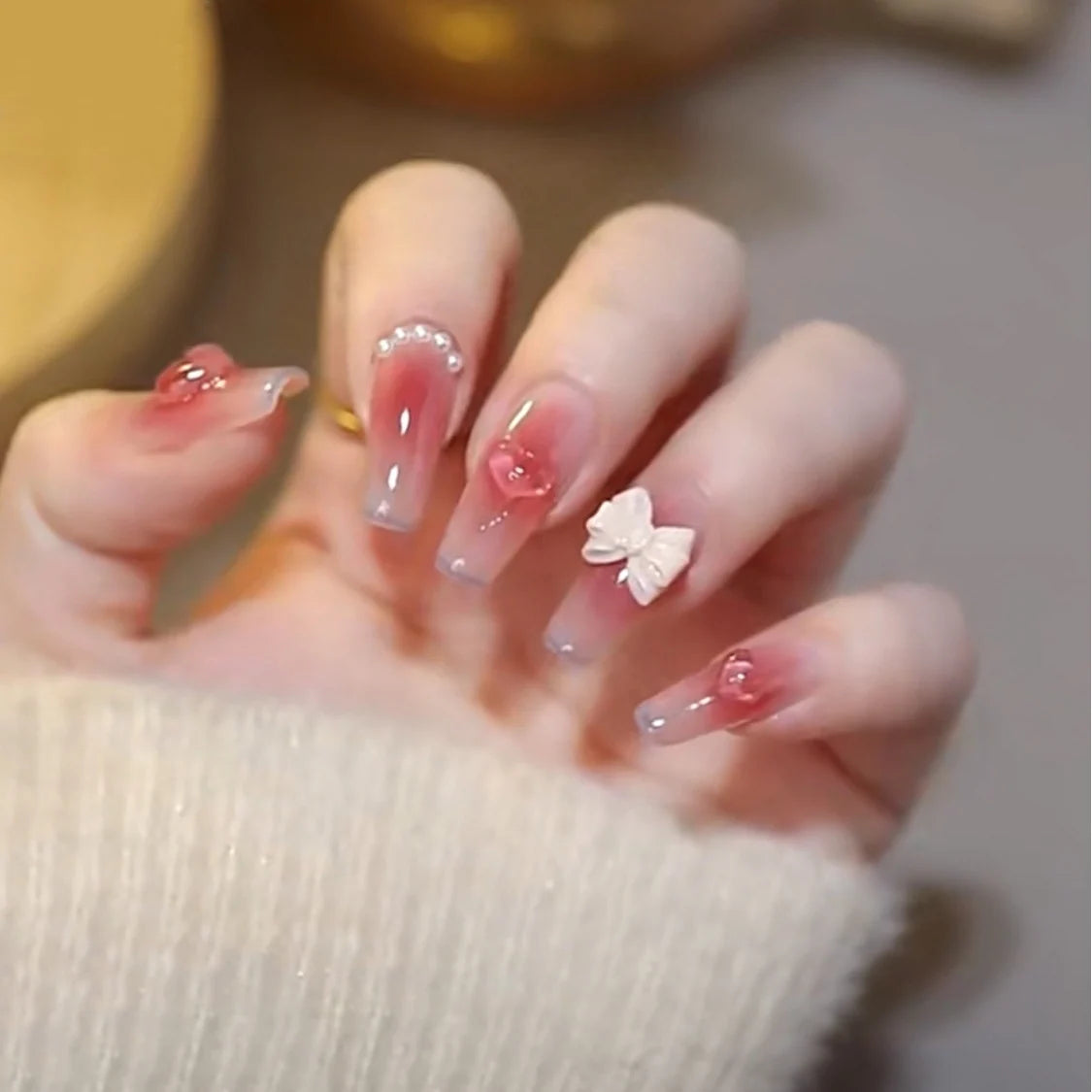 Press-On Nail Set Floral Bow Embellished Glue-On