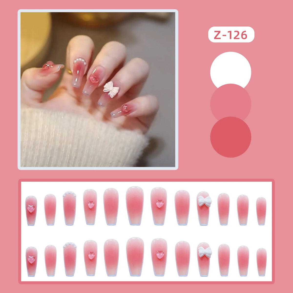 Press-On Nail Set Floral Bow Embellished Glue-On