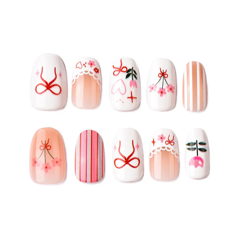Press-On Nail Set Floral & Bow Transparent Base