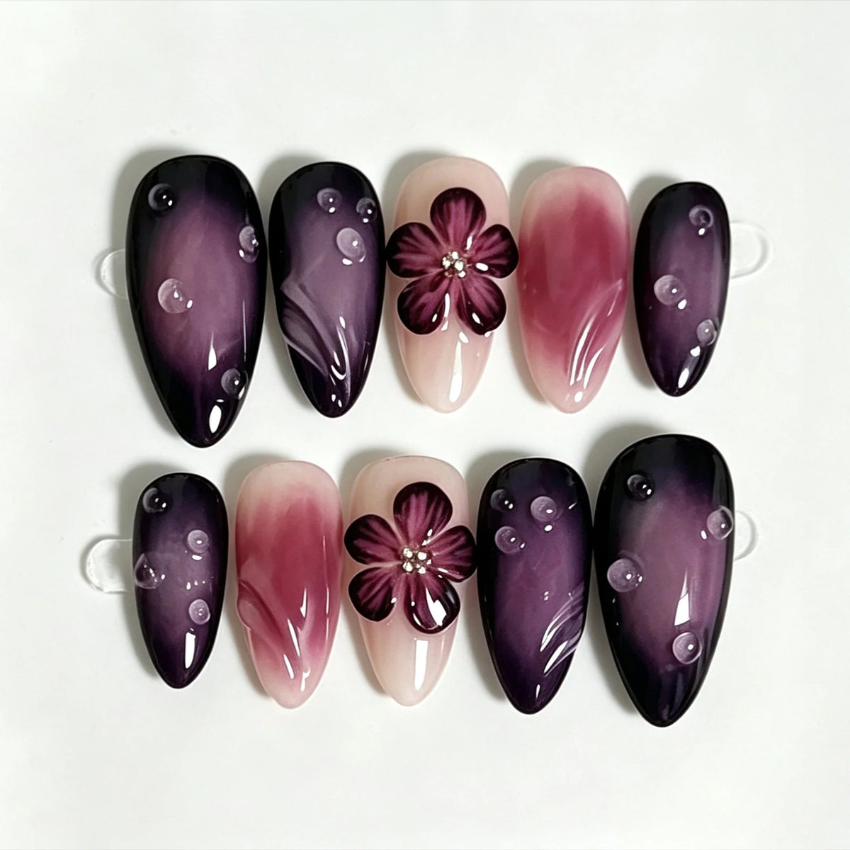 Press-On Nail Set Floral Bubble Design Durable Glossy Finish