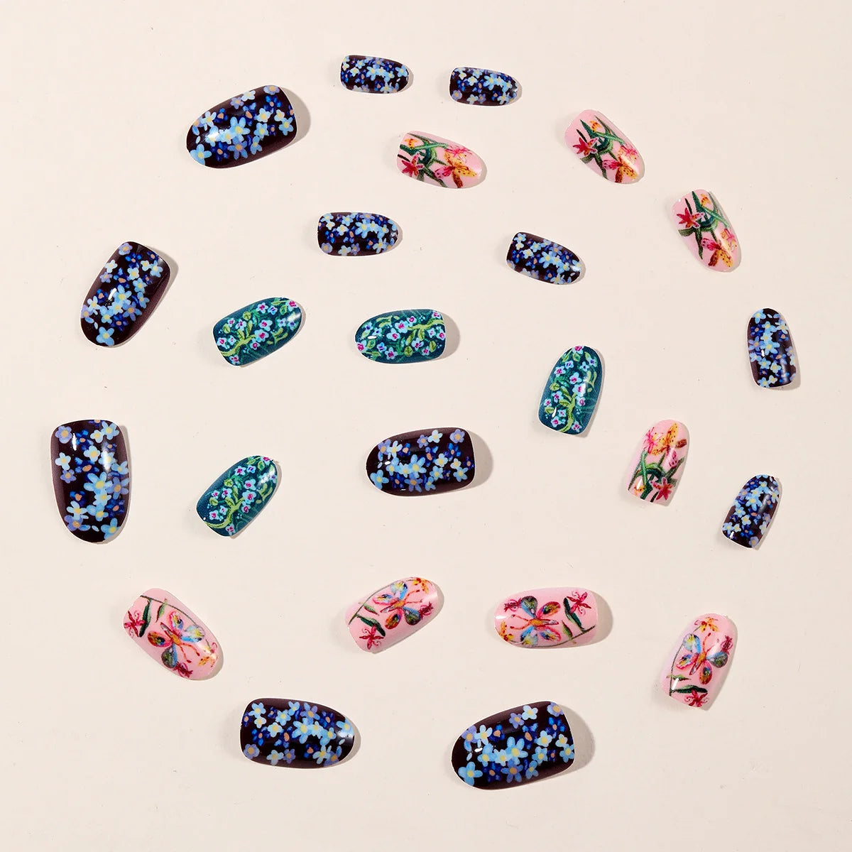 Press-On Nail Set Floral & Butterfly Chip-Resistant