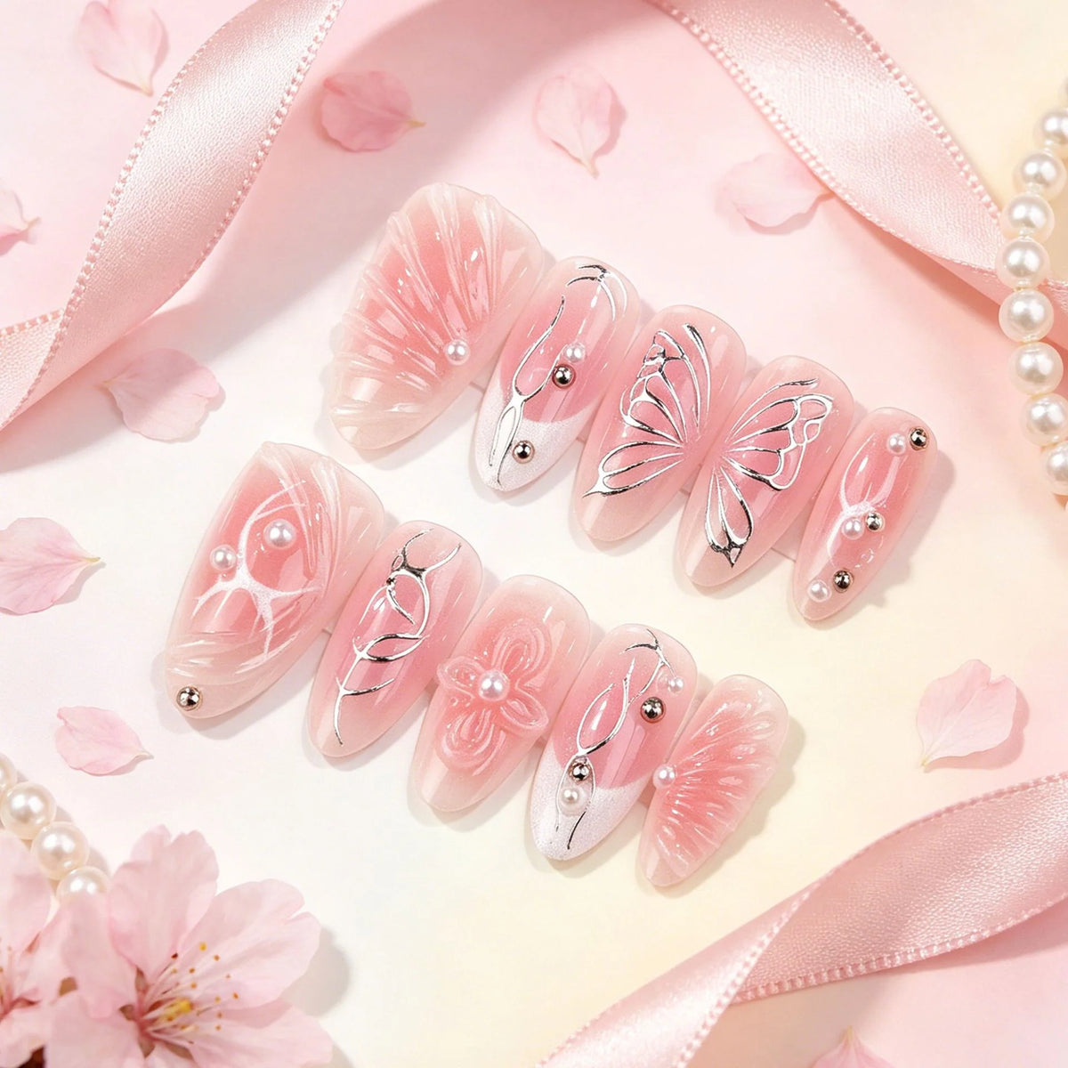 Press-On Nail Set Floral Butterfly Design Easy Adhesive Fit