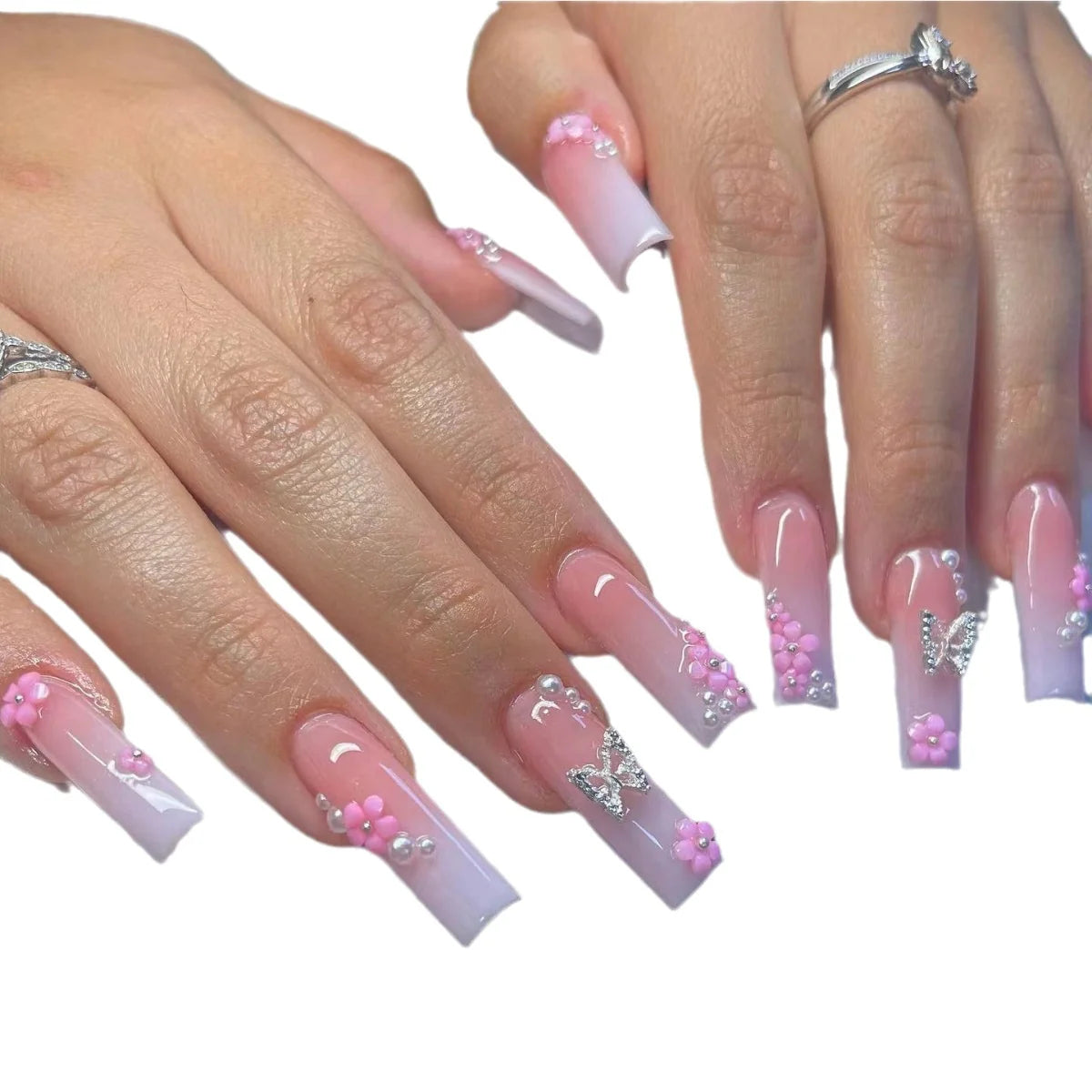 Press-On Nail Set Floral & Butterfly Easy-Apply Adhesive