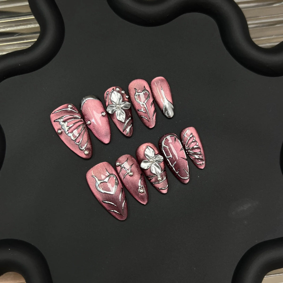 Press-On Nail Set Floral & Butterfly Reusable