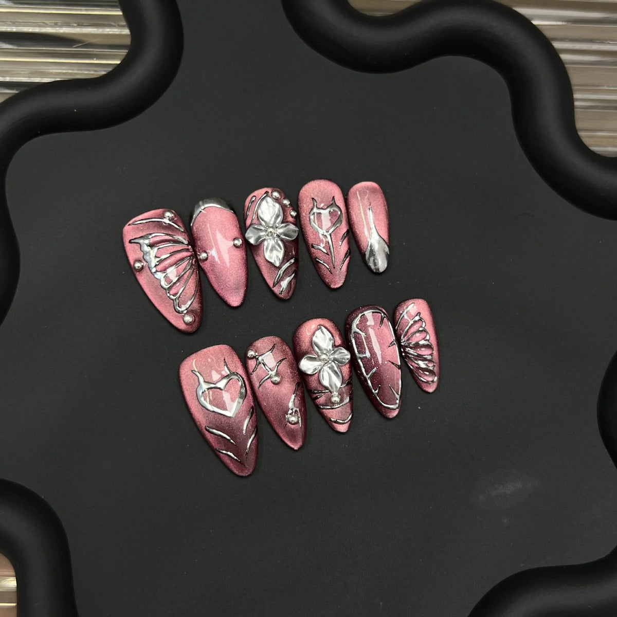 Press-On Nail Set Floral & Butterfly Reusable