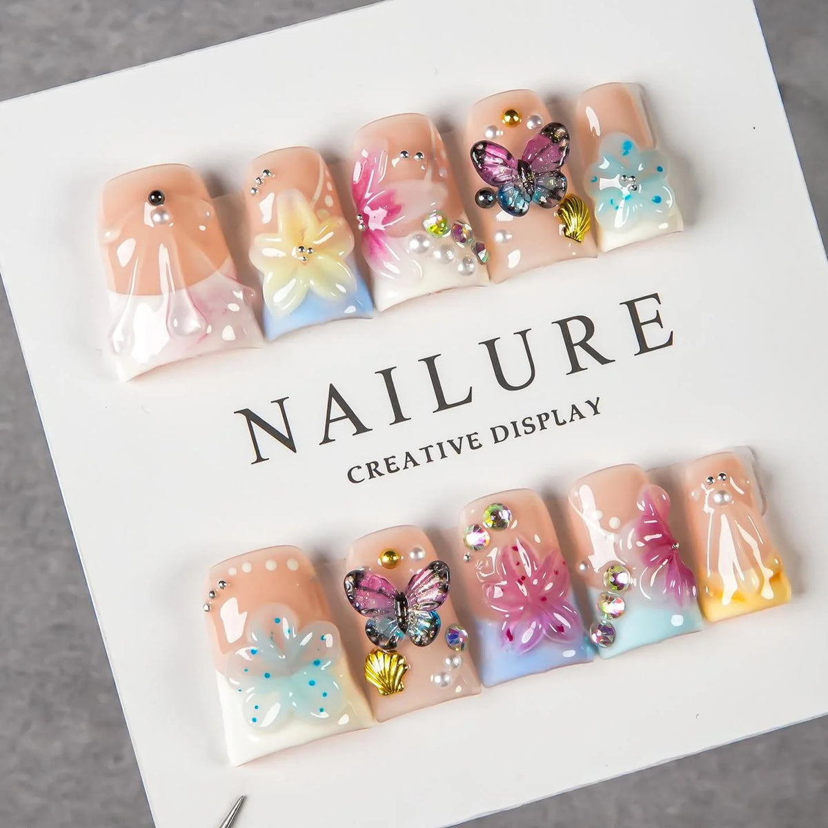 Press-On Nail Set Floral Butterfly Reusable Easy Application